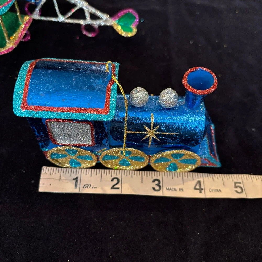 Vintage Glitter Metallic Foil Airplane Train Star Christmas Ornament Set 3pc